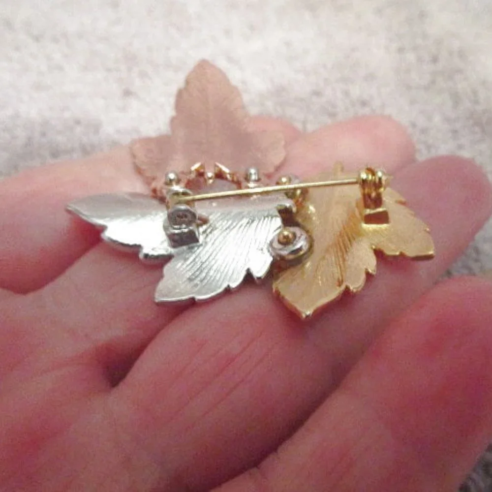 Vtg Tri-Color Brooch Pin Rose Gold Silver Metal 3 Layer Maple Leaves MCM 70s 80s